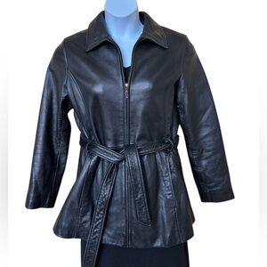 Black Leather Jacket with Belted Waist